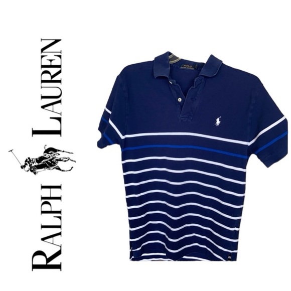 POLO by RALPH LAUREN Striped Cotton Pique Polo Shirt Blue & White Stripe Sz S - Picture 1 of 13